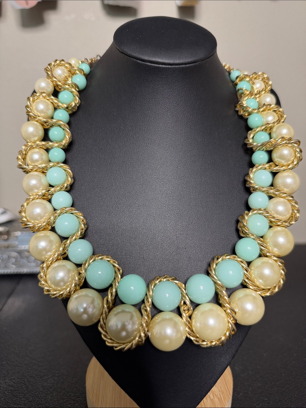 Mika Chunky Tone Gold Rope-Accent Mint Faux Pearl Statement Necklace